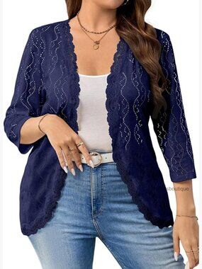 Plus Size Women Jacquard Knit Cardigan Lace Open Front Half Sleeve Casual Summer